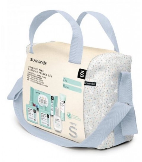 Bolsa azul suavinex con los productos para el cuidado del bebe
